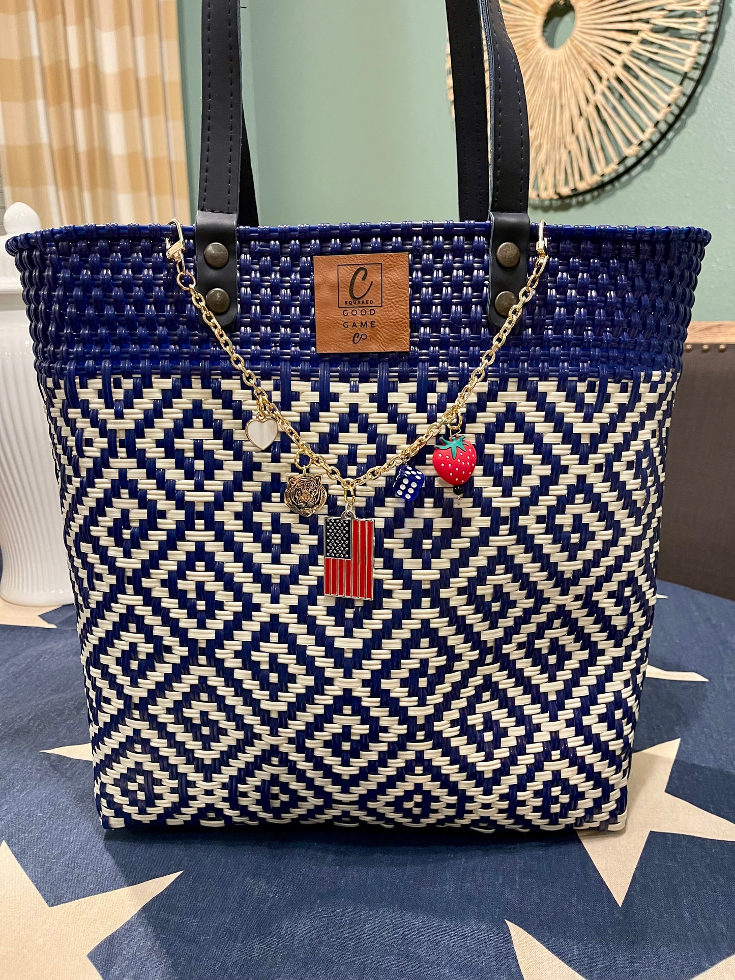 Leather Strap Navy & White Woven Bag